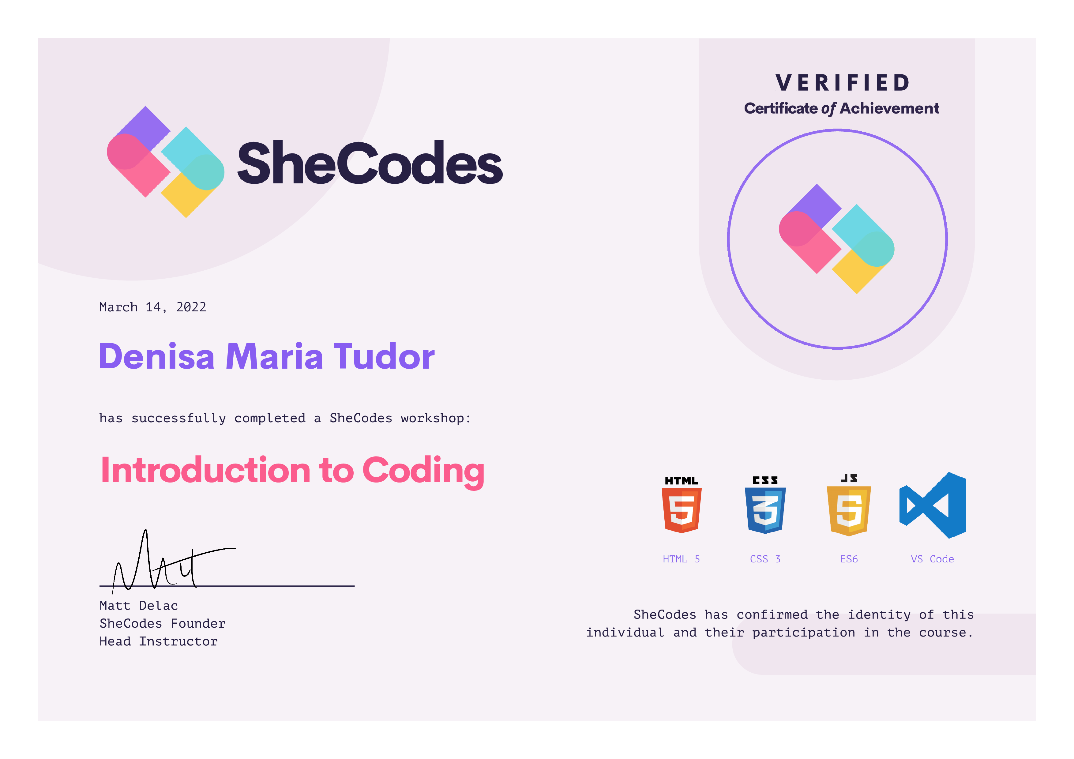 Denisa certificate of shecodes Basic Workshop