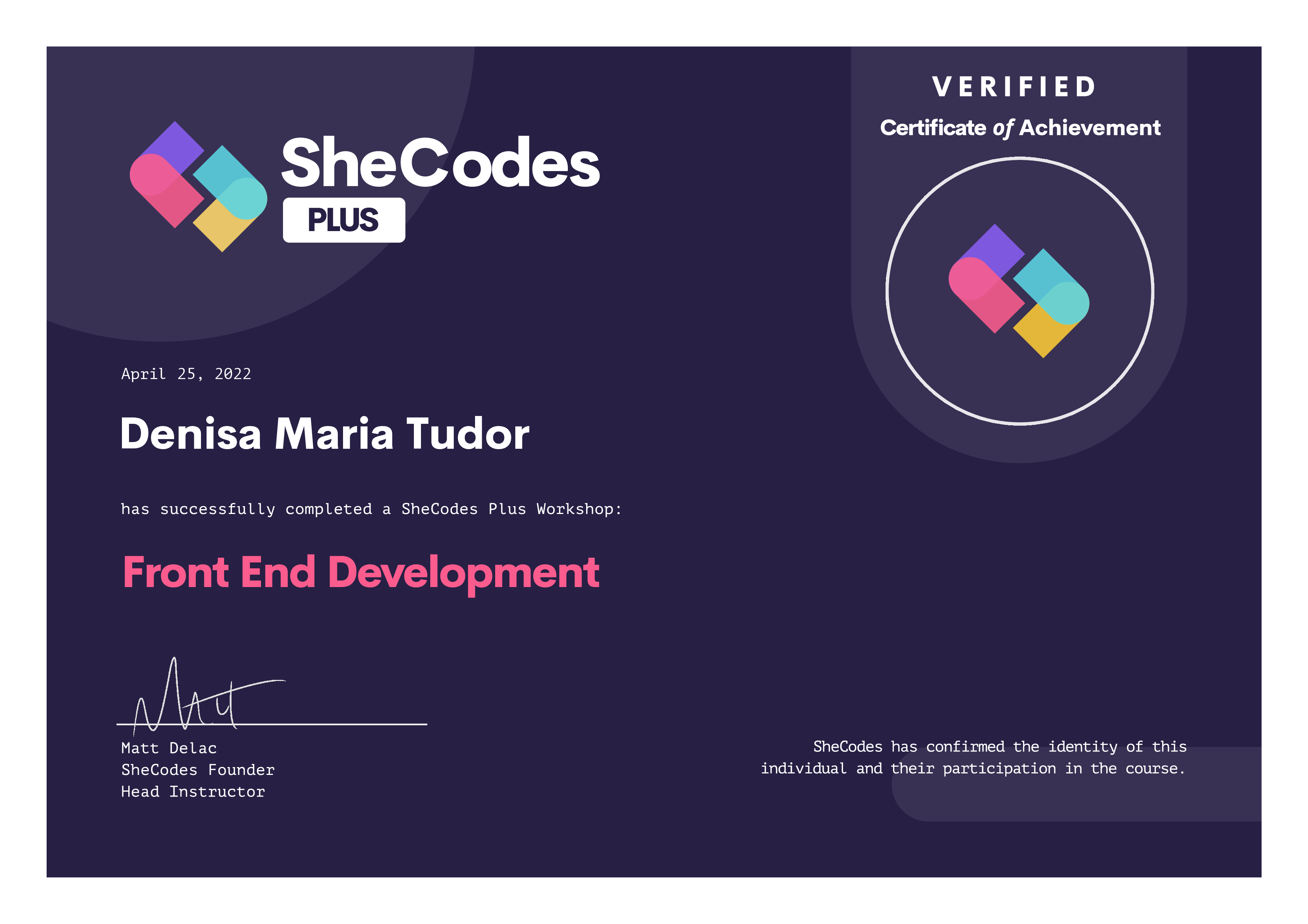 Denisa certificate of shecodes Plus Workshop