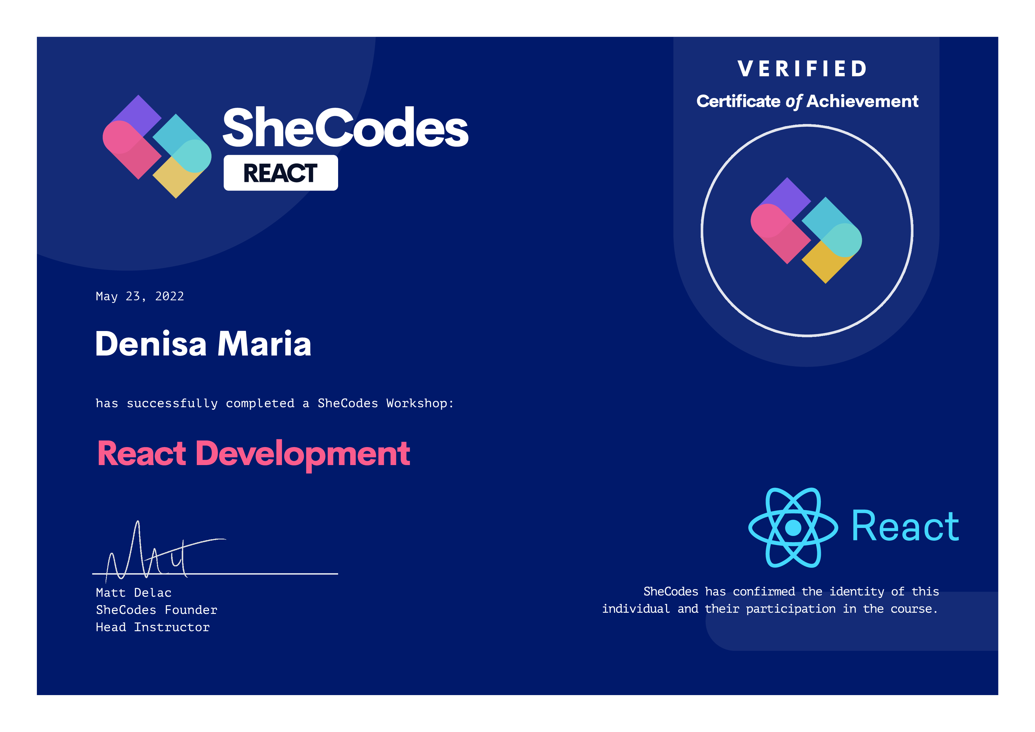 Denisa certificate of shecodes React Workshop