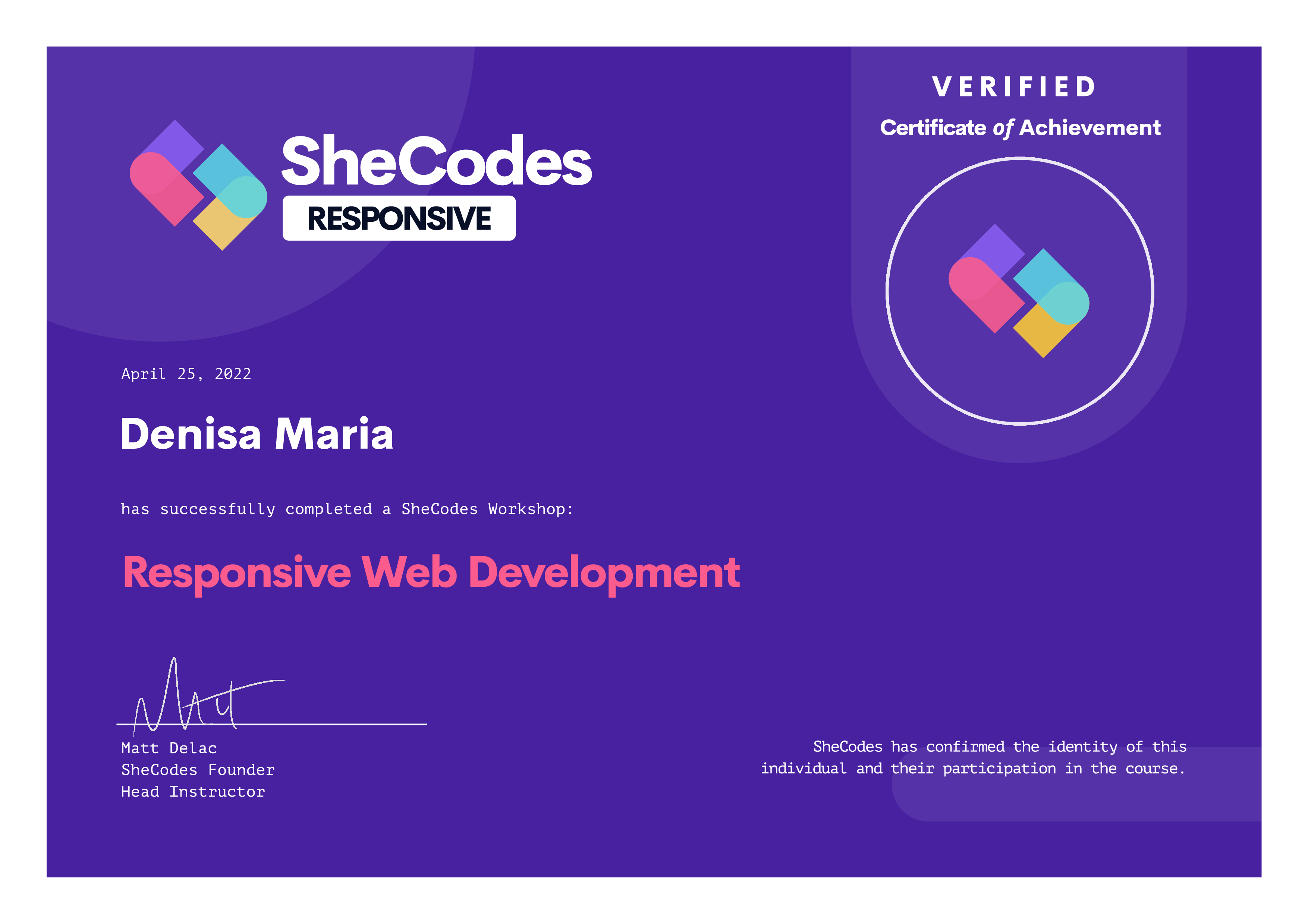 Denisa certificate of shecodes Responsive Workshop